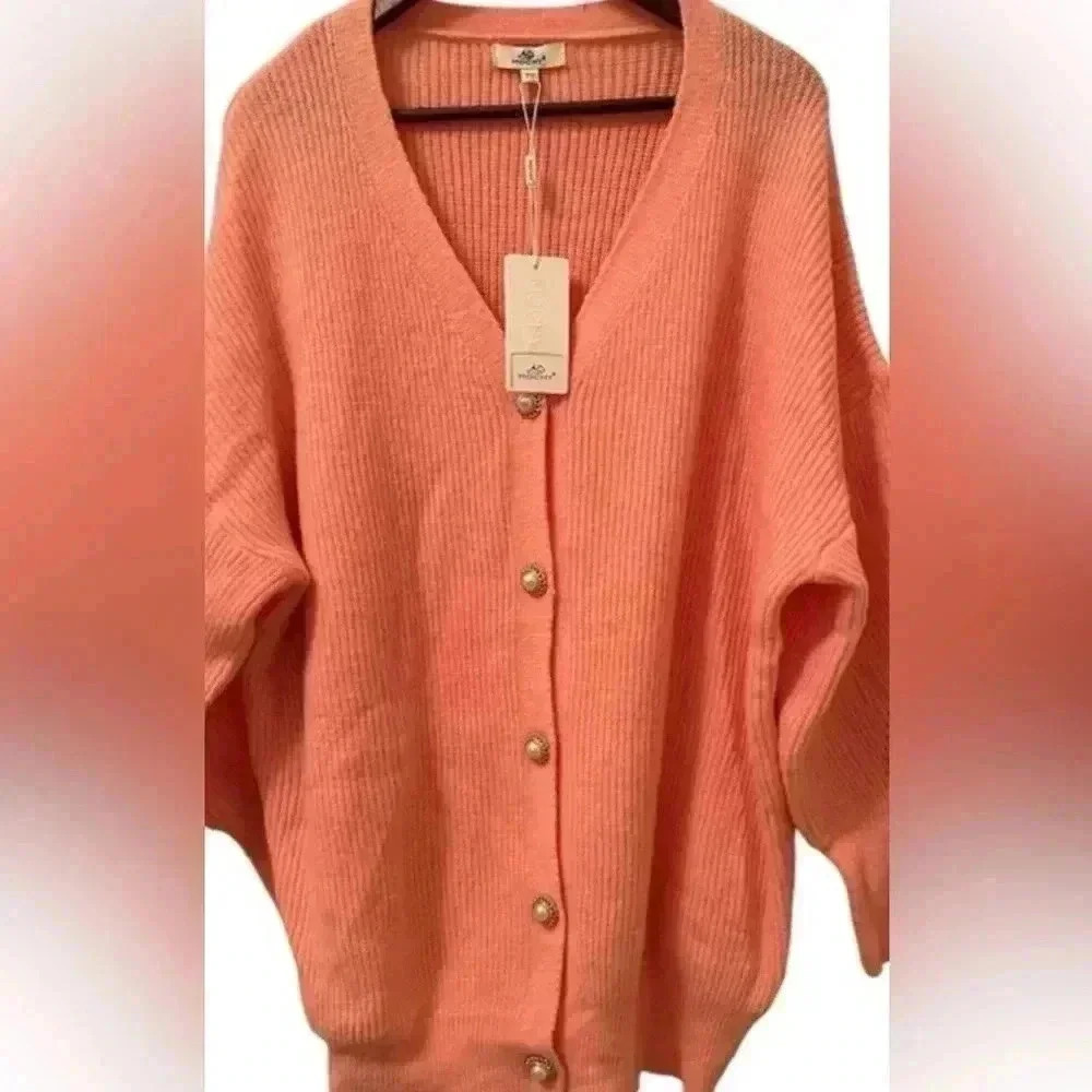 MOCHY Women’s One Size Fits All (TU) Peachy Pink French Cardigan Sweater